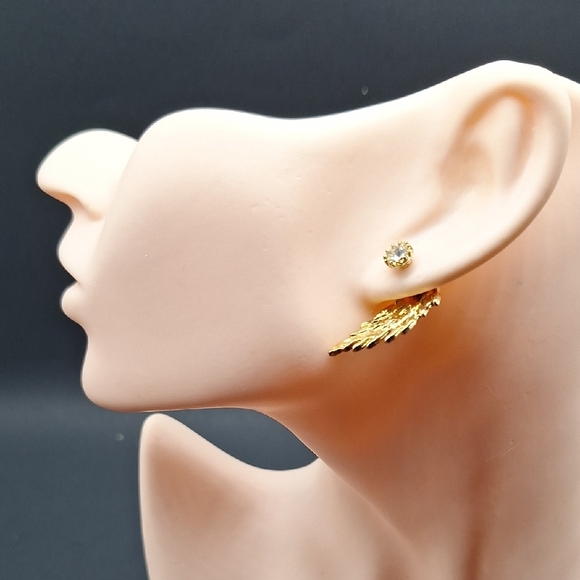 Gold Wing Stud Earrings with Crystal Accent – Angelic Boho Statement Jewelry - Picture 4 of 5